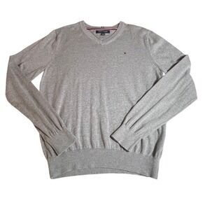 Tommy Hilfiger Mens V Neck Sweater Gray Size Medium Cotton Blend Long Sleeve